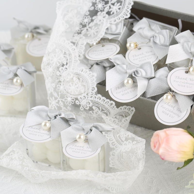 ACITHGL 30 Sets Small Bubble Candle Wedding Candles Favors for Guests Bulk Bridal Shower Favors Candles with Stylish Ribbons Thank You Cards Gifts (Shimmering Silver) - Image 3